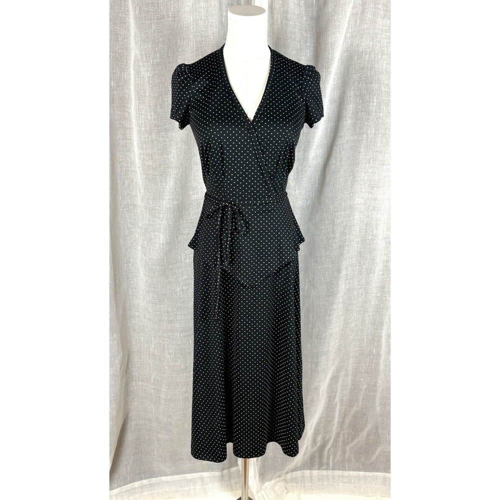 Vintage 70's Polka Dot Peplum Dress Parisian Chic French Girl Dark Academia Sz S - Picture 3 of 12